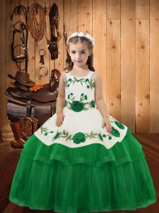 Exquisite Green Ball Gowns Straps Sleeveless Organza Floor Length Lace Up Embroidery and Ruffled Layers Pageant Gowns Fo