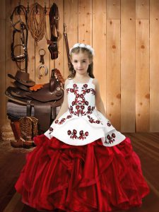 Exquisite Floor Length Wine Red Custom Made Pageant Dress Organza Sleeveless Embroidery and Ruffles