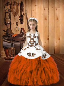 Classical Orange Red Ball Gowns Straps Sleeveless Organza Floor Length Lace Up Embroidery and Ruffles Little Girl Pagean