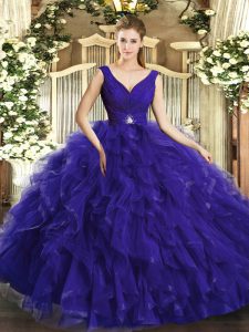 Adorable Purple Tulle Backless V-neck Sleeveless Floor Length Ball Gown Prom Dress Beading and Ruffles