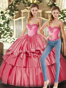Pretty Watermelon Red Sleeveless Beading and Ruffled Layers Floor Length Quinceanera Dress