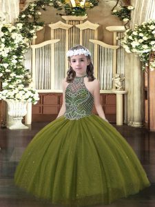 Halter Top Sleeveless Kids Pageant Dress Floor Length Beading Olive Green Tulle