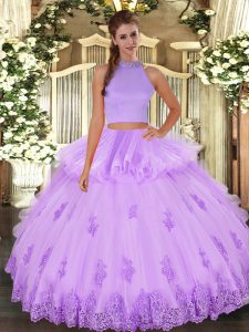 Dazzling Lavender Two Pieces Tulle Halter Top Sleeveless Beading and Appliques and Ruffles Floor Length Backless Quincea