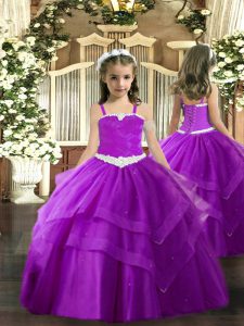 Elegant Purple Sleeveless Floor Length Appliques and Ruffled Layers Lace Up Little Girls Pageant Dress Wholesale