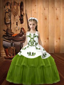 High End Straps Sleeveless Little Girls Pageant Dress Floor Length Embroidery Olive Green Tulle