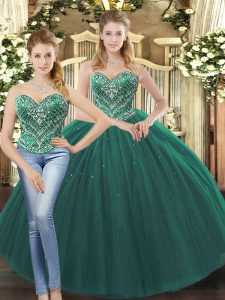 Affordable Dark Green Sweetheart Neckline Beading Sweet 16 Dresses Sleeveless Lace Up