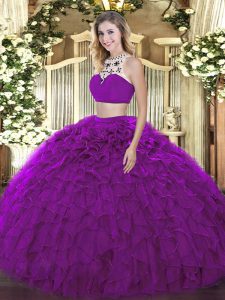 Beading and Ruffles Quinceanera Dresses Purple Backless Sleeveless Floor Length
