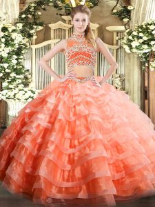 Sumptuous Floor Length Backless 15 Quinceanera Dress Orange Red for Military Ball and Sweet 16 and Quinceanera with Bead