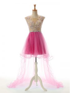 Discount Rose Pink A-line Tulle Scoop Sleeveless Appliques High Low Backless Dress for Prom