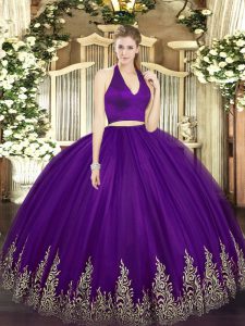 Stunning Dark Purple Two Pieces Halter Top Sleeveless Tulle Floor Length Zipper Appliques Sweet 16 Dresses