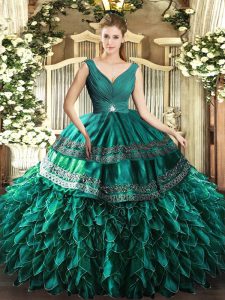 Designer Floor Length Turquoise Quinceanera Gowns Organza Sleeveless Beading and Ruffles