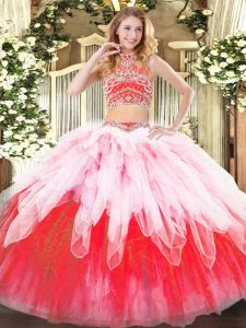 Spectacular Multi-color Backless Ball Gown Prom Dress Beading and Ruffles Sleeveless Floor Length