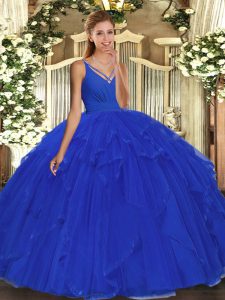 Floor Length Blue Quinceanera Gown V-neck Sleeveless Backless