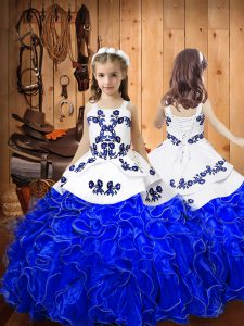 Ball Gowns Kids Pageant Dress Royal Blue Straps Organza Sleeveless Floor Length Lace Up