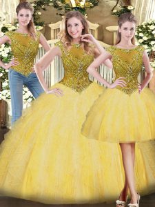 Excellent Scoop Sleeveless Sweet 16 Dresses Floor Length Beading and Ruffles Gold Tulle