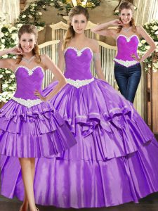 Superior Eggplant Purple Sweetheart Neckline Appliques and Ruffled Layers Quince Ball Gowns Sleeveless Lace Up