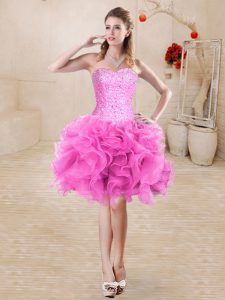 Rose Pink Organza Lace Up Homecoming Dress Sleeveless Mini Length Beading and Ruffles