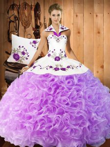 Lilac Fabric With Rolling Flowers Lace Up Ball Gown Prom Dress Sleeveless Floor Length Embroidery