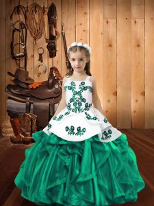 Cute Turquoise Straps Neckline Embroidery and Ruffles Kids Formal Wear Sleeveless Lace Up