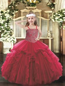 Floor Length Red Little Girls Pageant Dress Wholesale Tulle Sleeveless Beading and Ruffles