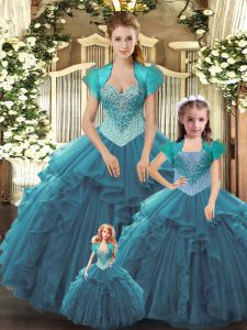 Captivating Floor Length Lace Up Quinceanera Gowns Teal for Military Ball and Sweet 16 and Quinceanera with Beading and 