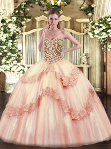 Pink Sweetheart Lace Up Beading and Appliques Quinceanera Dresses Sleeveless