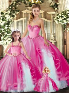 Fuchsia Ball Gowns Organza Sweetheart Sleeveless Beading and Ruffles Floor Length Lace Up Sweet 16 Quinceanera Dress