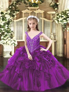 Purple Ball Gowns Organza V-neck Sleeveless Beading and Ruffles Floor Length Lace Up Glitz Pageant Dress