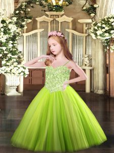 Yellow Green Ball Gowns Tulle Spaghetti Straps Sleeveless Appliques Floor Length Lace Up Pageant Dress for Womens