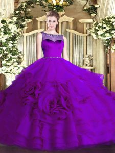 Sleeveless Floor Length Beading and Ruffled Layers Zipper Quinceanera Gowns with Eggplant Purple