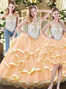 Glorious Peach Three Pieces Beading and Ruffled Layers Quinceanera Dress Zipper Organza Sleeveless Floor Length