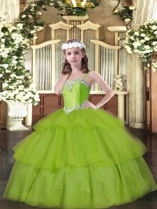 Sleeveless Organza Floor Length Lace Up Little Girl Pageant Dress in Olive Green with Beading and Ruffled Layers
