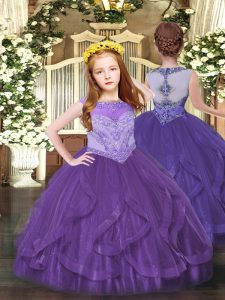 Exquisite Floor Length Purple Pageant Dresses Tulle Sleeveless Beading and Ruffles