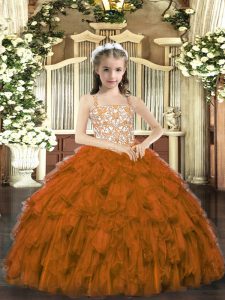 Fashionable Brown Ball Gowns Beading and Ruffles Pageant Dress for Girls Lace Up Organza Sleeveless Floor Length
