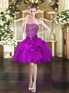 Glittering Purple Ball Gowns Strapless Sleeveless Organza Mini Length Lace Up Beading and Ruffles Prom Party Dress