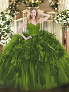 Olive Green Ball Gowns Organza V-neck Sleeveless Beading and Ruffles Floor Length Zipper Quinceanera Dresses