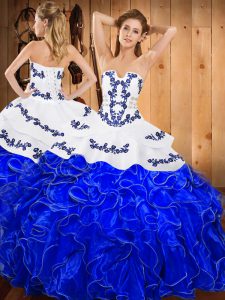 Custom Design Ball Gowns Sweet 16 Quinceanera Dress Blue And White Strapless Satin and Organza Sleeveless Floor Length L