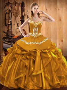 Gold Organza Lace Up 15 Quinceanera Dress Sleeveless Floor Length Embroidery and Ruffles