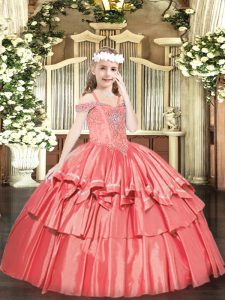 New Arrival Coral Red Sleeveless Floor Length Beading and Ruffled Layers Lace Up Little Girls Pageant Gowns