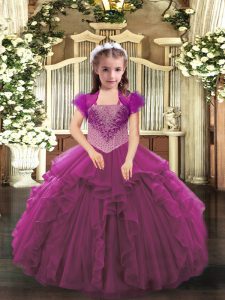 Inexpensive Beading and Ruffles Little Girls Pageant Dress Wholesale Fuchsia Lace Up Sleeveless Floor Length
