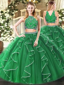 Floor Length Green Sweet 16 Dresses High-neck Sleeveless Zipper