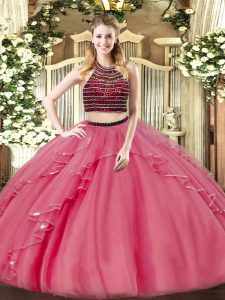 New Style Coral Red Ball Gown Prom Dress Military Ball and Sweet 16 and Quinceanera with Beading and Ruffles Halter Top 