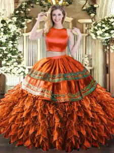 Tulle High-neck Sleeveless Criss Cross Ruffles and Sequins Quinceanera Gown in Rust Red