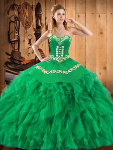 Green Satin and Organza Lace Up Sweetheart Sleeveless Floor Length Quince Ball Gowns Embroidery and Ruffles