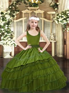 Beauteous Olive Green Sleeveless Beading and Embroidery and Ruffled Layers Floor Length Pageant Gowns For Girls