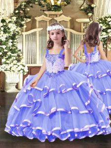 Straps Sleeveless Little Girls Pageant Dress Wholesale Floor Length Beading and Ruffled Layers Lavender Organza