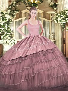 Fashion Pink Ball Gowns Embroidery and Ruffled Layers Sweet 16 Dresses Zipper Organza Sleeveless Floor Length