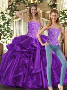 Stunning Beading and Ruffles Quinceanera Dresses Eggplant Purple Lace Up Sleeveless Floor Length