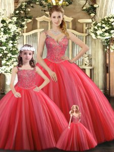 Coral Red Ball Gowns Beading Quinceanera Gowns Lace Up Tulle Sleeveless Floor Length