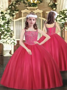 Straps Sleeveless Lace Up Kids Formal Wear Coral Red Tulle